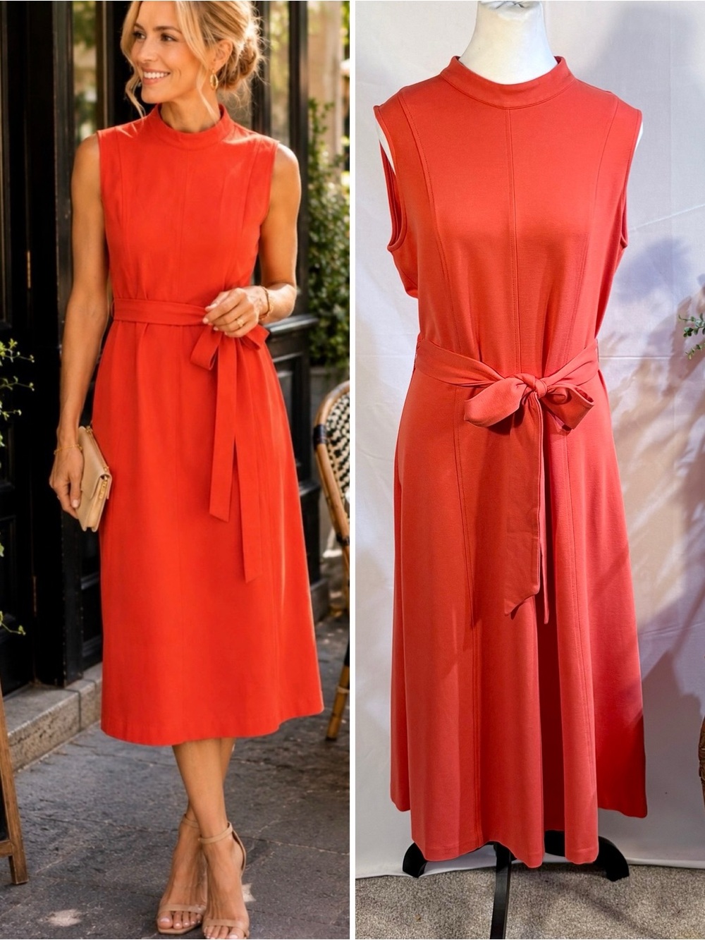 Boden Nicola High Neck Ponte Dress Coral Belted Sleeveless Midi 10P🧡